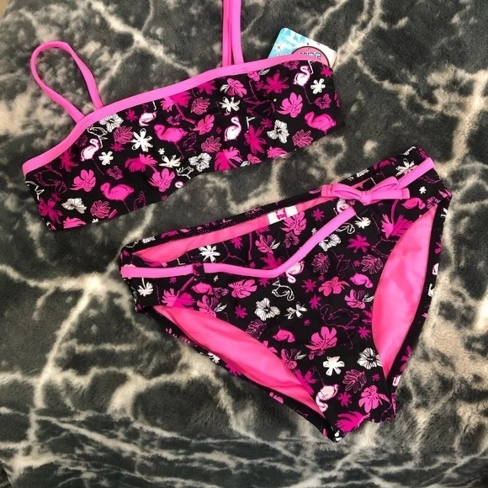 NWT girls Bright tropical print bikini breaking waves